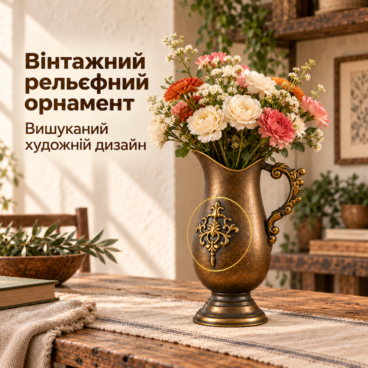 Вінтажний рельєфний глечик з квітами в інтер’єрі кантрі