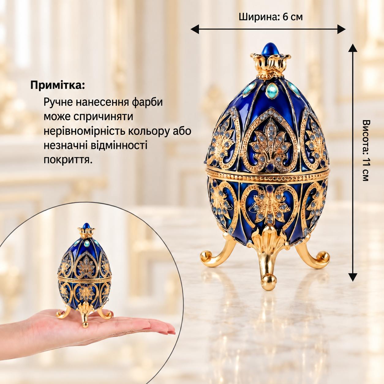 Скринька-яйце «Королівський сапфір» з розмірами: ширина 6 см, висота 11 см